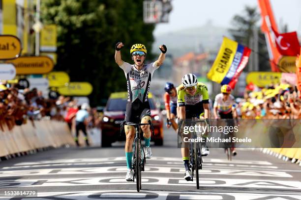 Pello Bilbao of Spain and Team Bahrain Victorious celebrates at finish line as stage winner ahead of Georg Zimmermann of Germany and Team...