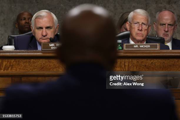 Committee Chairman Sen. Jack Reed and Ranking Member Sen. Roger Wicker listen as U.S. Air Force General Charles Brown testifies during his...