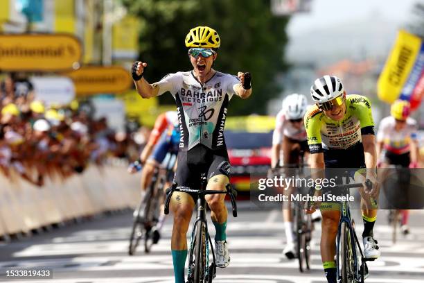 Pello Bilbao of Spain and Team Bahrain Victorious celebrates at finish line as stage winner ahead of Georg Zimmermann of Germany and Team...