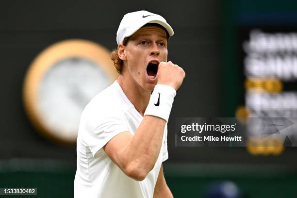 Jannik Sinner of Italy celebrates against Roman Safiullin in the Men's Singles Quarter Final match during day nine of The Championships Wimbledon...