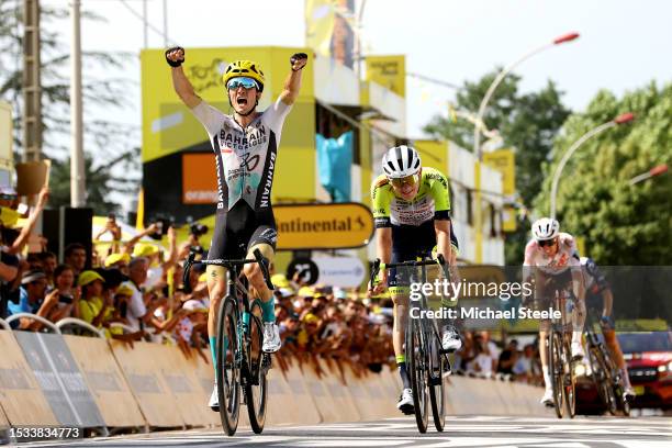 Pello Bilbao of Spain and Team Bahrain Victorious celebrates at finish line as stage winner ahead of Georg Zimmermann of Germany and Team...