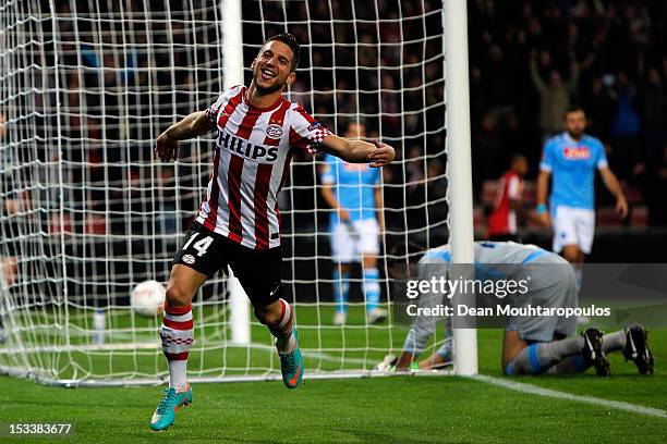 Dries Mertens of PSV Eindhoven celebrates scoring the second goal of the game during the UEFA Europa League Group F match between PSV Eindhoven and...