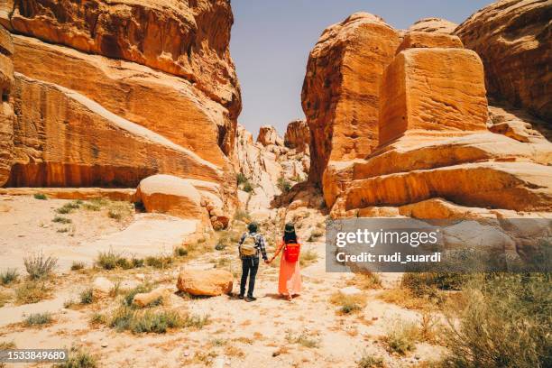 ein asiatischer tourist in der versteckten stadt petra, jordanien - jordanien stock-fotos und bilder