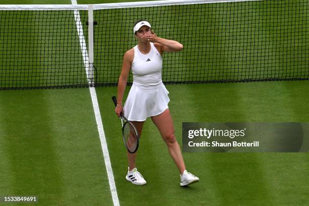 Elina Svitolina of Ukraine celebrates victory against Iga Swiatek of Poland in the Women’s Singles Quarter Final match during day nine of The...