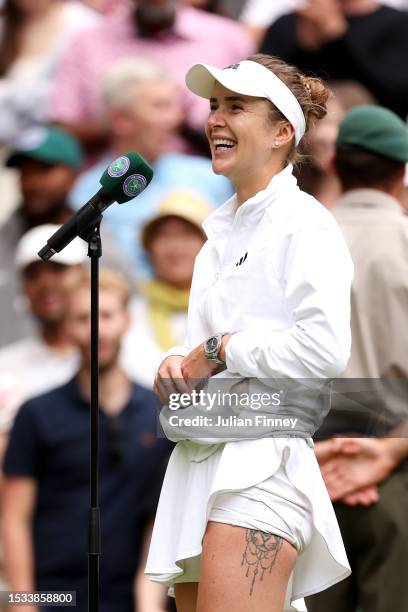 Elina Svitolina of Ukraine speaks following victory against Iga Swiatek of Poland in the Women’s Singles Quarter Final match during day nine of The...