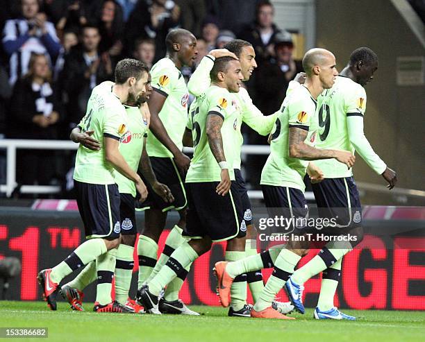 Danny Simpson of Newcastle celebrates after Henrique of Bordeaux scored an own goal during the UEFA Europa League group stage match between Newcastle...