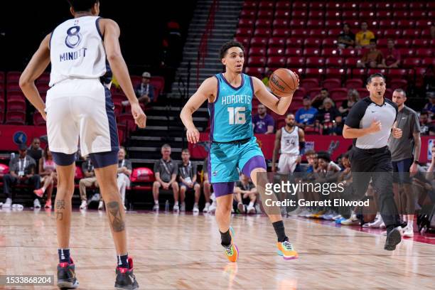 Angelo Allegri of the Charlotte Hornets dribbles the ball during the game against the Minnesota Timberwolves during the 2023 NBA Las Vegas Summer...