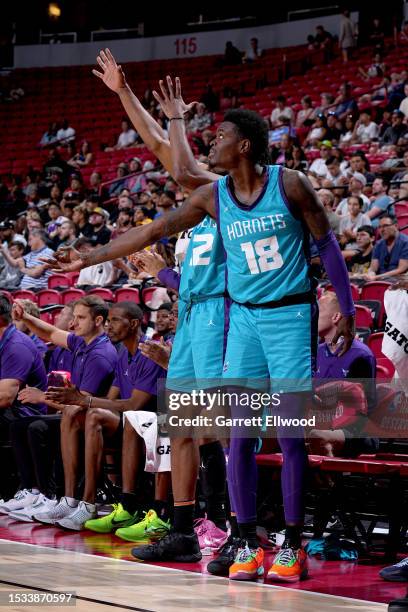 Tre Scott of the Charlotte Hornets reacts during the game against the Minnesota Timberwolves during the 2023 NBA Las Vegas Summer League on July 15,...