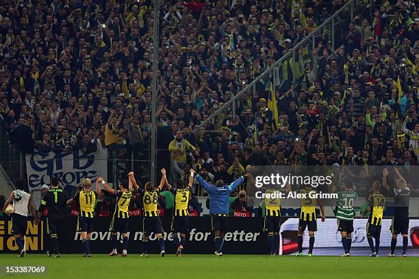 Players of Fenerbahce celebrate after the UEFA Europa League group C match between Borussia Moenchengladbach and Fenerbahce SK at Borussia-Park on...