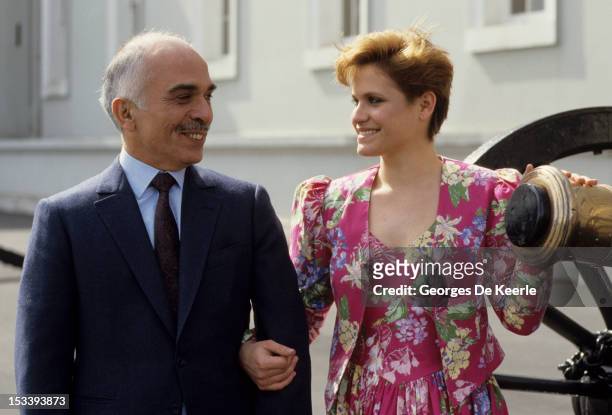 King Hussein of Jordan with his daughter Princess Aisha at Sandhurst military academy in 1987.