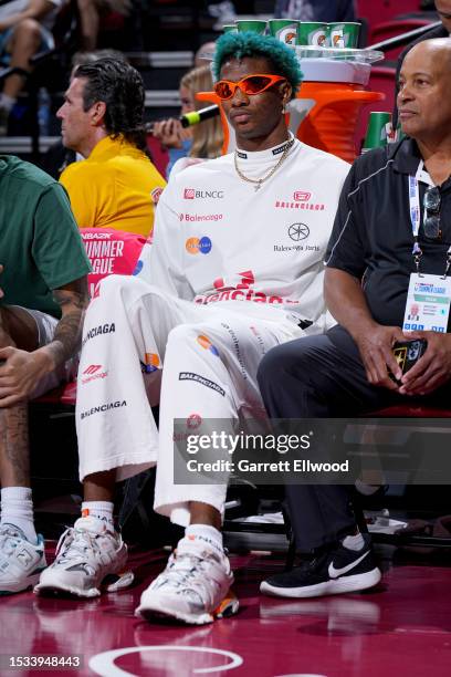 Kai Jones of the Charlotte Hornets looks on during the game against the Minnesota Timberwolves during the 2023 NBA Las Vegas Summer League on July...