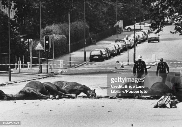 The aftermath of a Provisional IRA car bombing, which killed five soldiers and seven horses on South Carriage Drive in Hyde Park, London, 20th July...