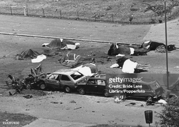The aftermath of a Provisional IRA car bombing, which killed five soldiers and seven horses on South Carriage Drive in Hyde Park, London, 20th July...
