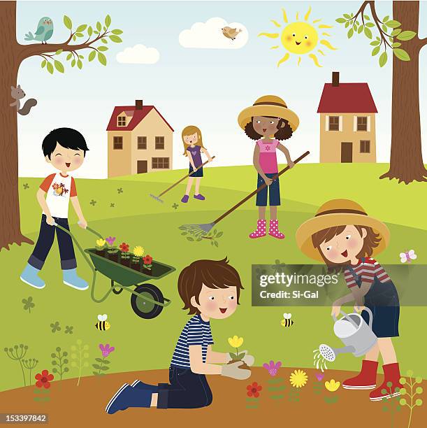 gardening fun - leisure outdoors kids stock illustrations