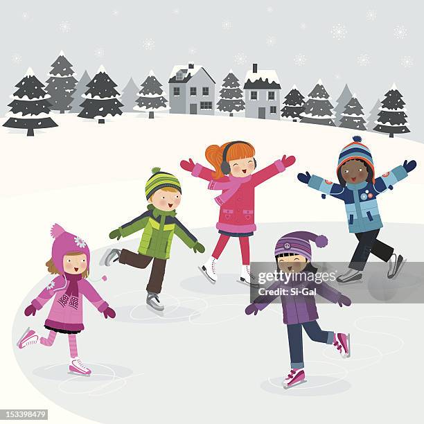 cartoon image of children ice skating on frozen lake - skating stock illustrations