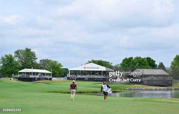 Bryson Nimmer walks on the 18th fairway during the third round of the Memorial Health Championship presented by LRS at Panther Creek Country Club on...