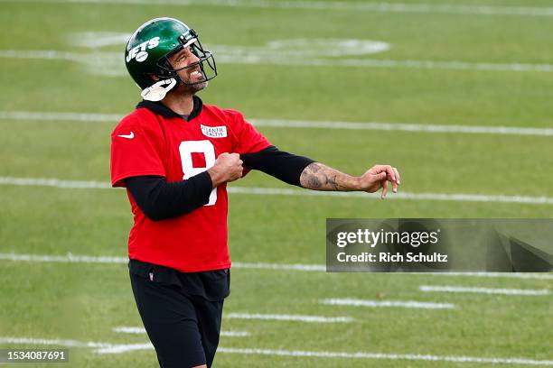 Quarterback Aaron Rodgers of the New York Jets during the teams OTAs at Atlantic Health Jets Training Center on June 9, 2023 in Florham Park, New...