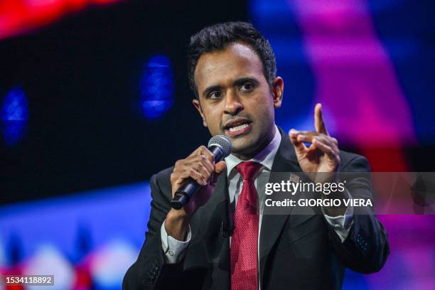 Vivek Ramaswamy, 2024 Republican presidential hopeful, speaks at the Turning Point Action USA conference in West Palm Beach, Florida, on July 15,...