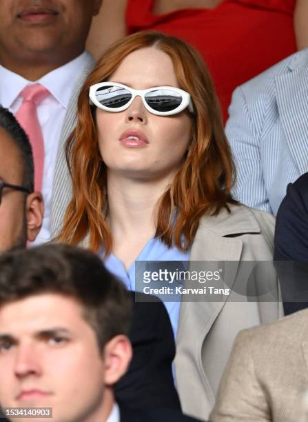 Ellie Bamber attends day nine of the Wimbledon Tennis Championships at All England Lawn Tennis and Croquet Club on July 11, 2023 in London, England.