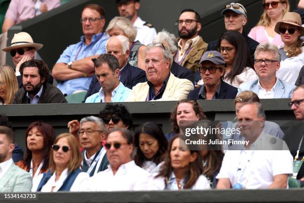 Broadcaster, Jeremy Clarkson watches on during the Men's Singles Quarter Final match between Novak Djokovic of Serbia and Andrey Rublev during day...