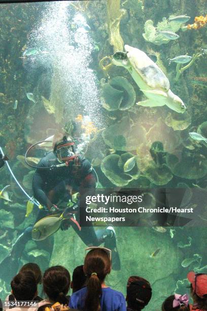 Moody Gardens diver speaks to students in the newly renovated Aquarium Pyramid following a $37 million renovation Thursday, May 18 in Galveston....