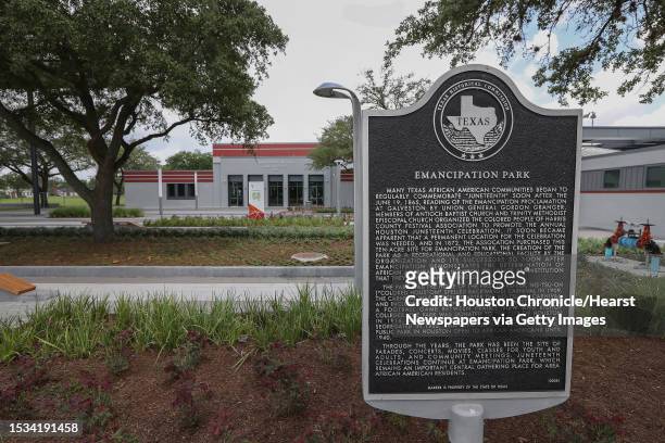 Historical marker in Emancipation Park photographed Tuesday, June 13 in Houston. The building was designed by the Freelon Group, now Perkins & Will...