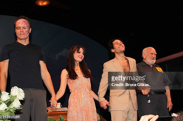 Michael Shannon, Kate Arrington, Paul Rudd and Ed Asner take the opening night curtain call for "Grace" on Broadway at the Cort Theatre on October 4,...