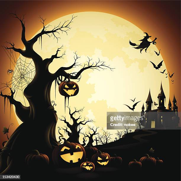 stockillustraties, clipart, cartoons en iconen met illustration of halloween-themed silhouettes over orange - kale boom
