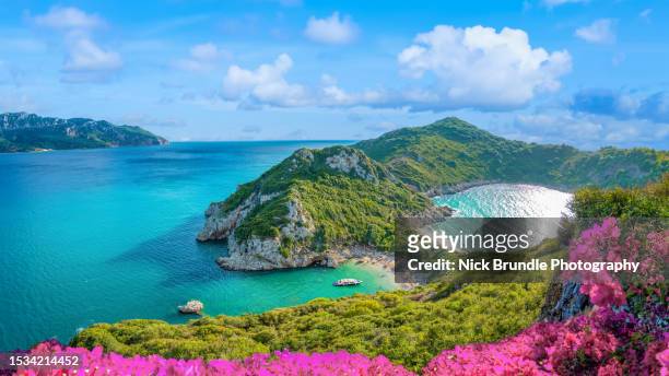 porto timoni beach, corfu, greece. - greece aerial stock pictures, royalty-free photos & images