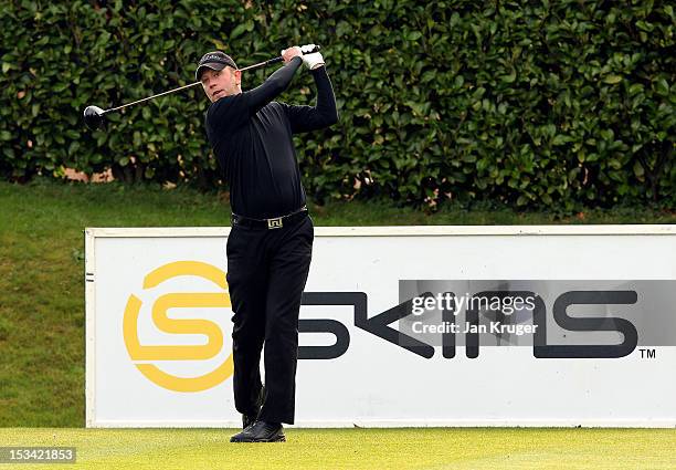 John Wells of Cherry Burton GC hits his opening tee shot during the final round of the Skins PGA Fourball Championship at Forest Pines Hotel & Golf...