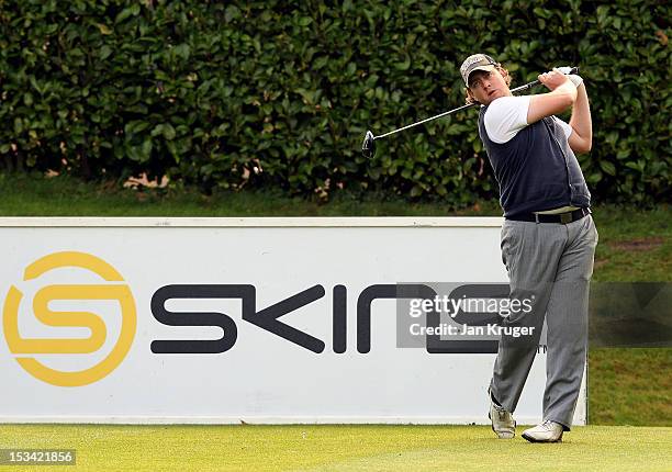 Andrew Pestell of Chelmsford GC hits his opening tee shot during the final round of the Skins PGA Fourball Championship at Forest Pines Hotel & Golf...