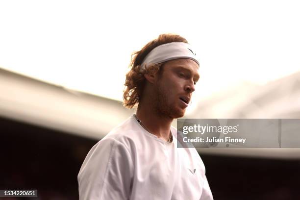 Andrey Rublev looks on against Novak Djokovic of Serbia in the Men's Singles Quarter Final match during day nine of The Championships Wimbledon 2023...