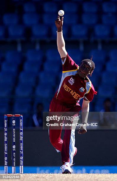 Stafanie Taylor of West Indies bowls during the ICC World T20 Women's Semi Final between Australia and West Indies at R. Premadasa Stadium on October...