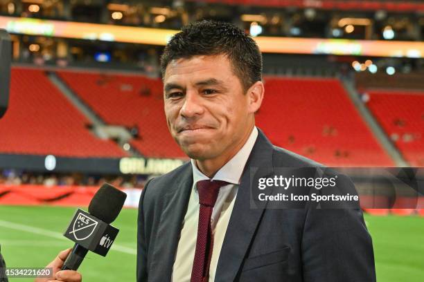 Atlanta United head coach Gonzalo Pineda is interviewed prior to the start of the MLS match between Orlando City SC and Atlanta United FC on July...