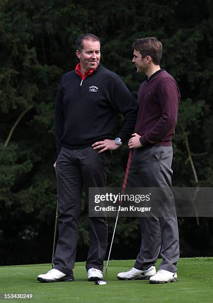 Gary Laird of Wexham Park Golf Courses and partner Craig Ainsley share a joke during the final round of the Skins PGA Fourball Championship at Forest...