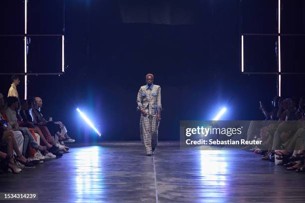 Model walks the runway during the Kilian Kerner Runway Show as part of the W.E4. Fashion Day at Verti Music Hall on July 11, 2023 in Berlin, Germany.