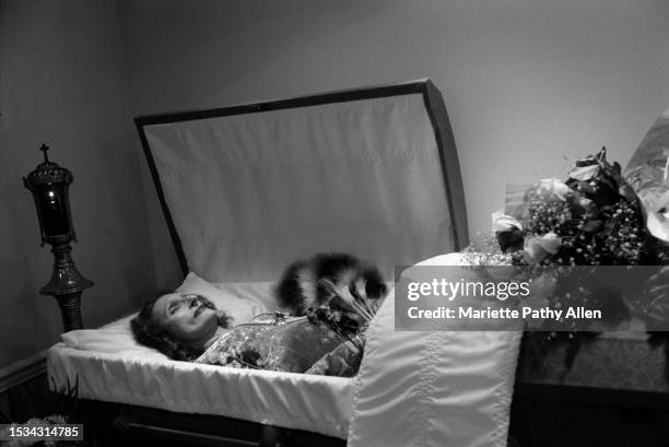View of the open casket during a funeral service for transgender rights activist Sylvia Rivera at the MCC Church , New York, New York, February 26,...