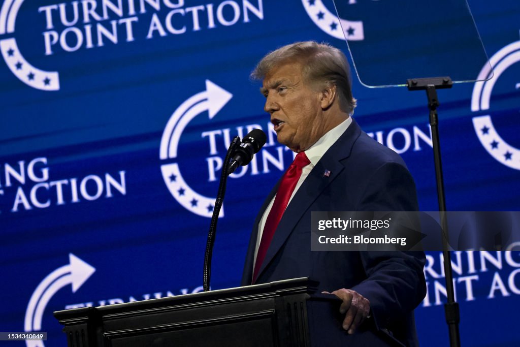 Former US President Donald Trump speaks at the Turning Point Action