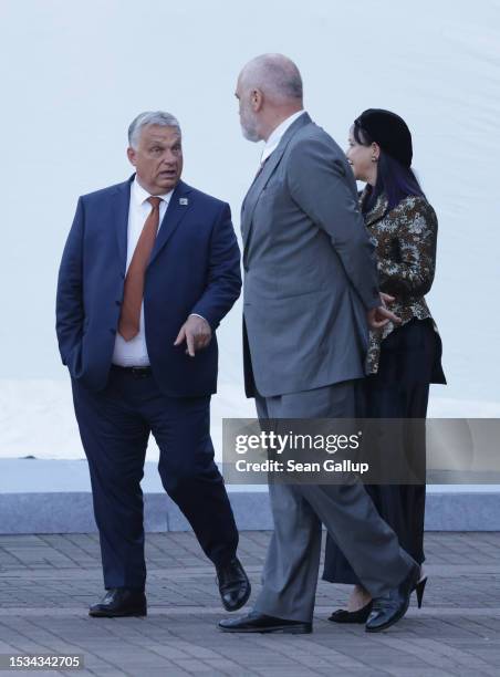 Hungarian Prime Minister Viktor Orban , Albanian Prime Minister Edi Rama and his wife Linda Rama attend a dinner hosted by the Presidential Palace...