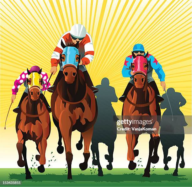 stockillustraties, clipart, cartoons en iconen met thoroughbred horses racing to the finish line - zadel