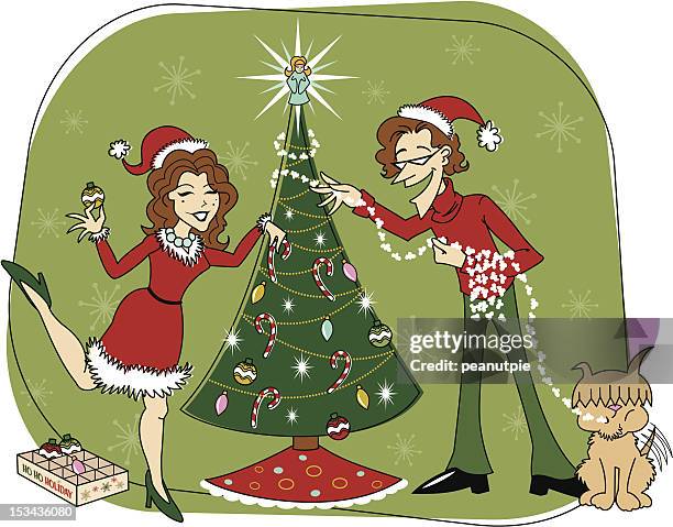 retro christmas tree decorating color version - eating popcorn stock illustrations