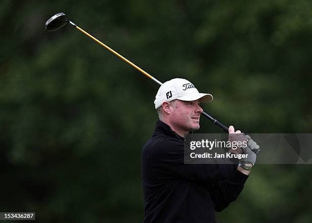 Adrian Ambler of Low Laithes GC plays a tee shot during the final round of the Skins PGA Fourball Championship at Forest Pines Hotel & Golf Club on...