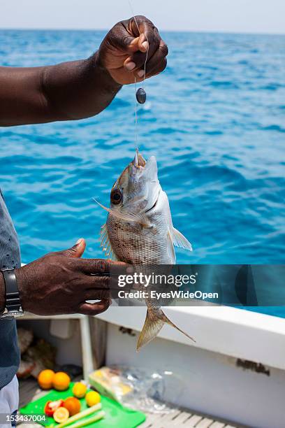 Catch of the day - a porgy fish on a hook at a fishing yacht on June 15, 2012 in Long Island, The Bahamas.