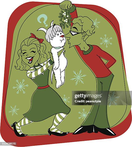 retro tricky mistletoe - couple decorating stock illustrations