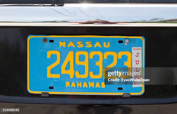 Number plate of a bahamian car from Nassau with the national colours blue and yellow on June 15, 2012 in Cat Island, The Bahamas.