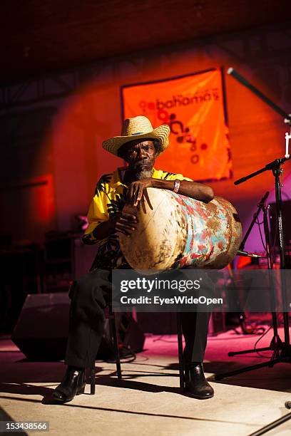 Portrait of a local bahamian old men, a musician and drummer with his drum at the annual Rake 'n' Scrape Festival on June 15, 2012 in Cat Island, The...