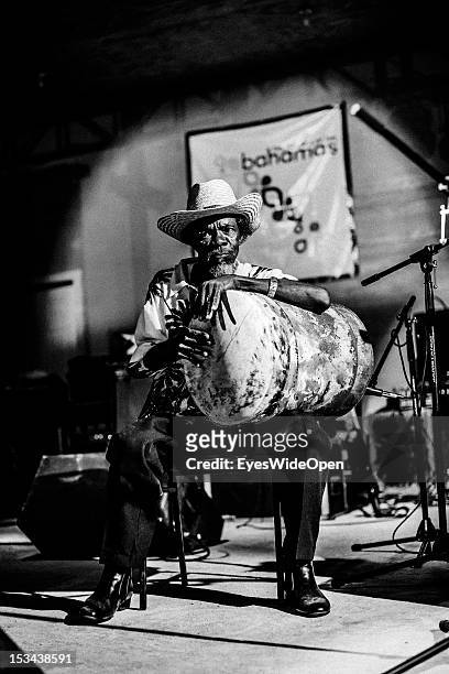 Black and white portrait of a local bahamian old men, a musician and drummer with his drum at the annual Rake 'n' Scrape Festival on June 15, 2012 in...