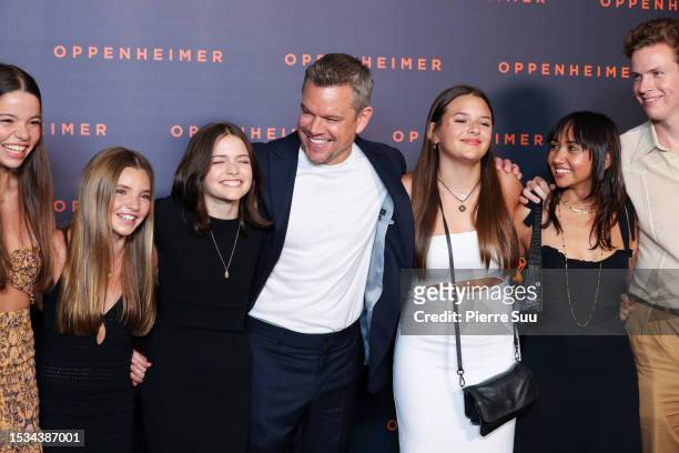 Guests, Stella Damon, Matt Damon, Gia Damon, Alexia Barroso and guest attend the "Oppenheimer" premiere at Cinema Le Grand Rex on July 11, 2023 in...