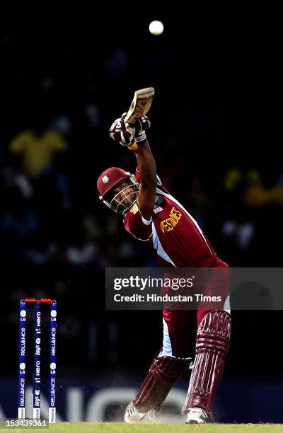 West Indies batsman Dwayne Bravo bats during the ICC T20 World Cup cricket semi final match between Australia and West Indies at R. Premadasa Stadium...