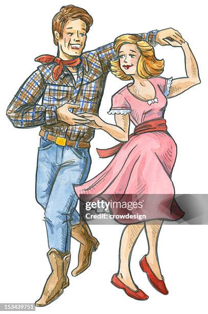 illustrations, cliparts, dessins animés et icônes de illustration de style rétro homme et femme quadrille - country music